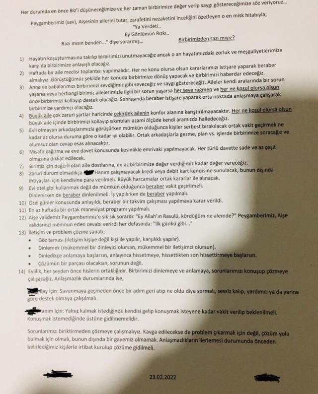 Düğün öncesi yeni evli çiftin imzaladığı sözleşmedeki maddeler çok konuşuldu Düğün öncesi yeni evli çiftin imzaladığı sözleşmedeki maddeler çok konuşuldu