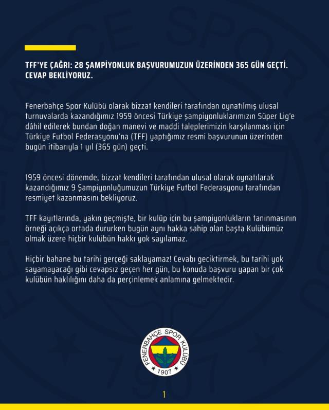 Fenerbahçe'den TFF'ye rest: Şampiyonluk başvurusuna cevap bekliyoruz Fenerbahçe'den TFF'ye rest: Şampiyonluk başvurusuna cevap bekliyoruz