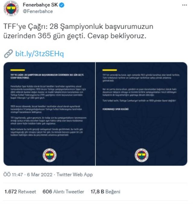 Fenerbahçe'den TFF'ye rest: Şampiyonluk başvurusuna cevap bekliyoruz Fenerbahçe'den TFF'ye rest: Şampiyonluk başvurusuna cevap bekliyoruz
