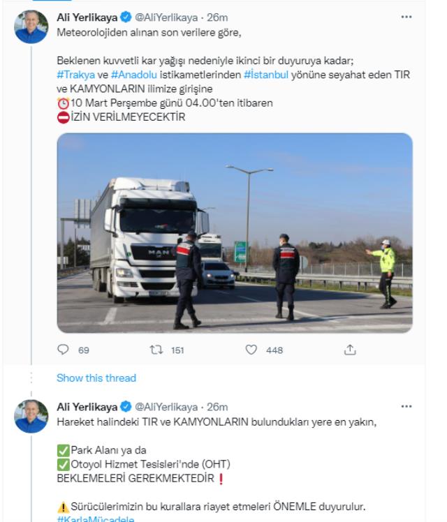 Son Dakika: Beklenen kuvvetli kar yağışı nedeniyle İstanbul'a tır ve kamyonların girişi saat 04.00'ten itibaren yasaklandı Son Dakika: Beklenen kuvvetli kar yağışı nedeniyle İstanbul'a tır ve kamyonların girişi saat 04.00'ten itibaren yasaklandı