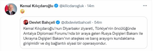 Kılıçdaroğlu'ndan 'Diyarbakır ziyareti Antalya'daki görüşmeyi kundaklama amaçlıdır' diyen Bahçeli'ye emojili yanıt