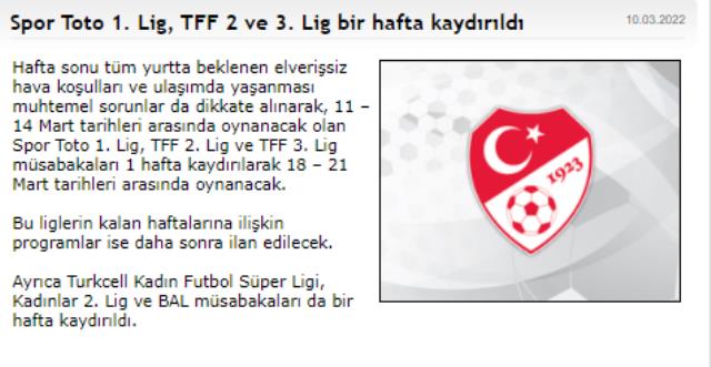 Son Dakika: Olumsuz hava koşulları nedeniyle Spor Toto 1. Lig, TFF 2 ve 3. Lig maçları 1 hafta ileri kaydırıldı Son Dakika: Olumsuz hava koşulları nedeniyle Spor Toto 1. Lig, TFF 2 ve 3. Lig maçları 1 hafta ileri kaydırıldı