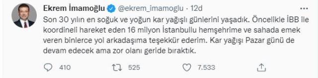 İstanbul'da etkisini artıran kar yağışıyla ilgili İmamoğlu'ndan yeni paylaşım: Pazar günü de devam edecek İstanbul'da etkisini artıran kar yağışıyla ilgili İmamoğlu'ndan yeni paylaşım: Pazar günü de devam edecek