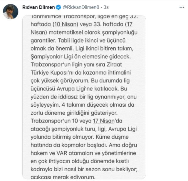 Rıdvan Dilmen, Trabzonspor'un şampiyon olacağı günü verdi: Matematiksel olarak garantiler Rıdvan Dilmen, Trabzonspor'un şampiyon olacağı günü verdi: Matematiksel olarak garantiler