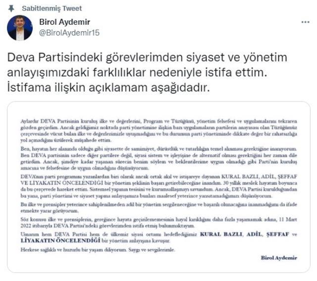 DEVA Partisi'nde şaşırtan ayrılık! Genel Başkan Yardımcısı Birol Aydemir istifa etti