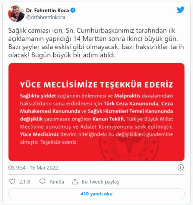 Bakan Koca'dan Meclis'e sunulan kanun teklifiyle ilgili paylaşım: Bugün büyük bir adım atıldı Bakan Koca'dan Meclis'e sunulan kanun teklifiyle ilgili paylaşım: Bugün büyük bir adım atıldı