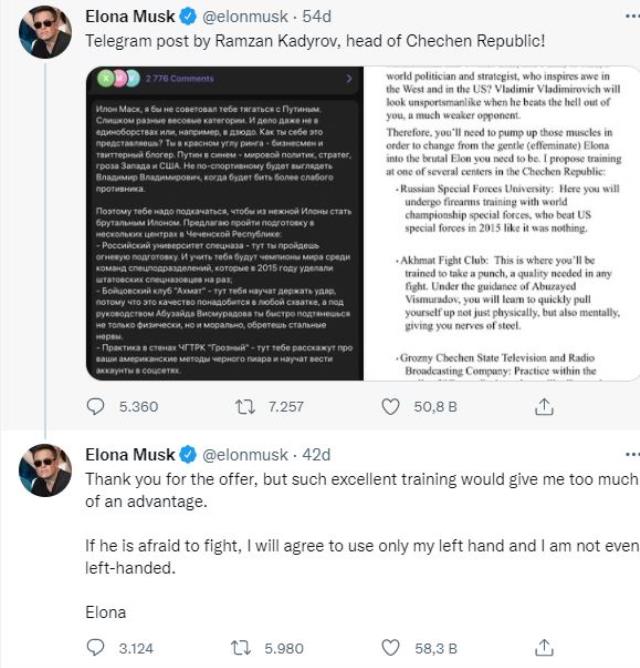 Kadirov'dan Putin'e meydan okuyan Elon Musk'a yanıt Kadirov'dan Putin'e meydan okuyan Elon Musk'a yanıt