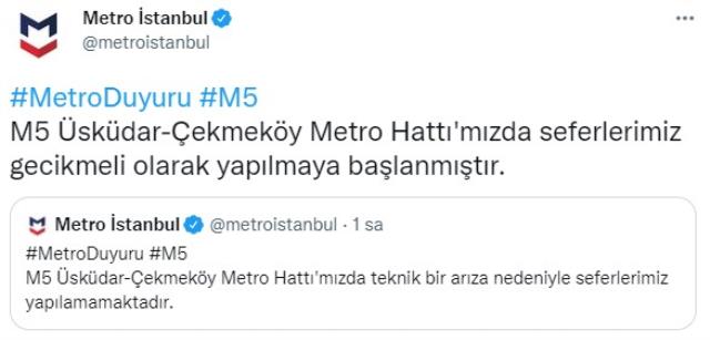 İstanbul'da arıza nedeniyle Üsküdar-Çekmeköy metro seferleri aksadı İstanbul'da arıza nedeniyle Üsküdar-Çekmeköy metro seferleri aksadı
