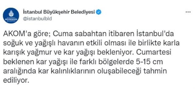 Kar kalınlığı 15 santimetreyi bulacak! Vatandaşlara bir uyarı da İBB'den geldi Kar kalınlığı 15 santimetreyi bulacak! Vatandaşlara bir uyarı da İBB'den geldi