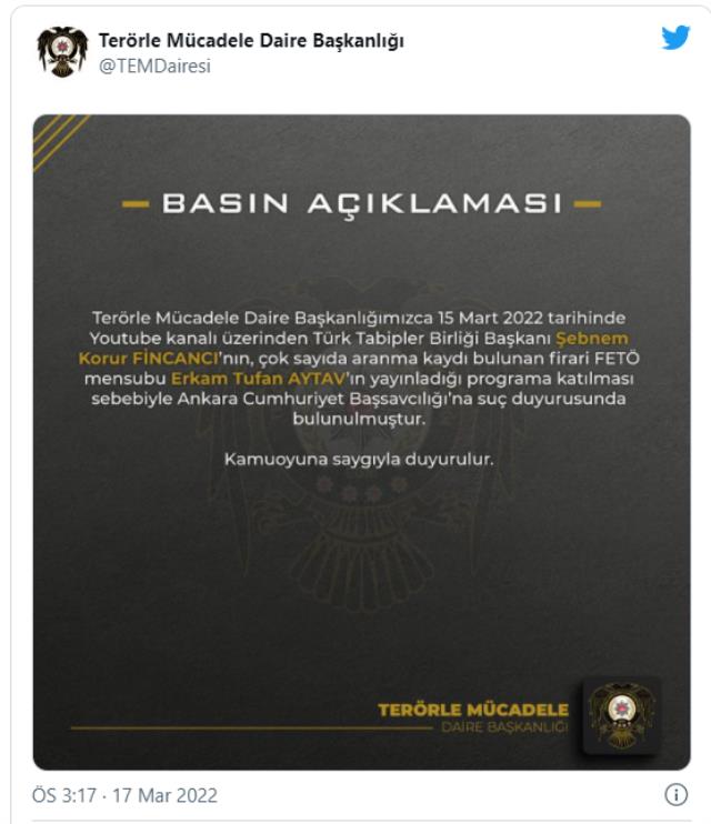 Türk Tabipler Birliği Başkanı Şebnem Korur Fincancı hakkında suç duyurusu