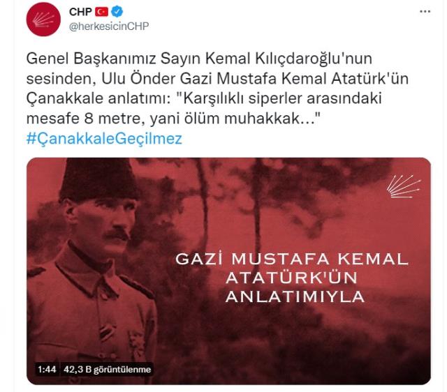 CHP lideri Kılıçdaroğlu, Mustafa Kemal Atatürk'ün Çanakkale anlatımını seslendirdi CHP lideri Kılıçdaroğlu, Mustafa Kemal Atatürk'ün Çanakkale anlatımını seslendirdi