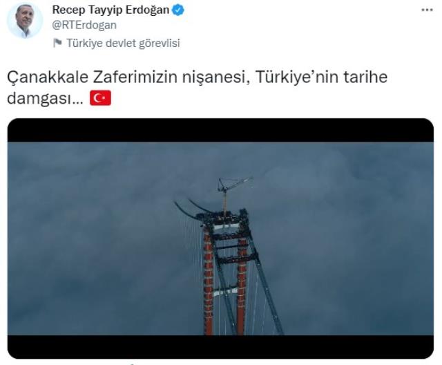 Cumhurbaşkanı Erdoğan'dan '1915 Çanakkale Köprüsü' paylaşımı Cumhurbaşkanı Erdoğan'dan '1915 Çanakkale Köprüsü' paylaşımı