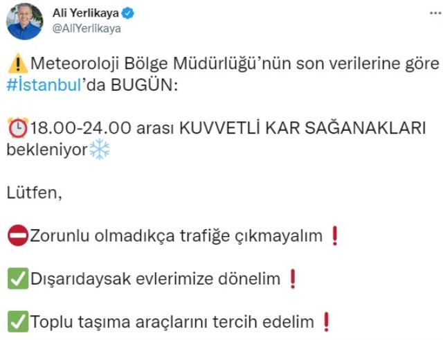 Son Dakika! İstanbul Valisi Yerlikaya'dan yağış uyarısı: 18.00-24.00 arası kar sağanakları var, dışarı çıkmayın Son Dakika! İstanbul Valisi Yerlikaya'dan yağış uyarısı: 18.00-24.00 arası kar sağanakları var, dışarı çıkmayın