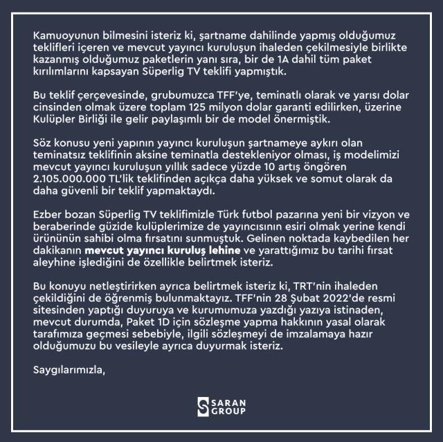 TRT de yayın ihalesinden çekildi, Saran Group TFF'yi uyardı: Tarihi fırsatı kaçırmayın