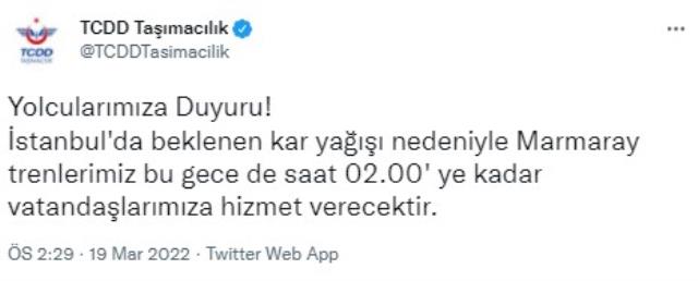 Marmaray, kar yağışı nedeniyle saat 02.00'ye kadar hizmet verecek Marmaray, kar yağışı nedeniyle saat 02.00'ye kadar hizmet verecek