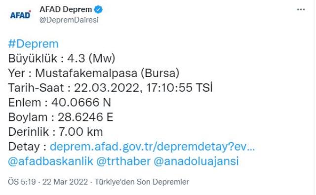 Son Dakika: Bursa'nın Mustafakemalpaşa ilçesinde 4,3 şiddetinde deprem meydana geldi Son Dakika: Bursa'nın Mustafakemalpaşa ilçesinde 4,3 şiddetinde deprem meydana geldi