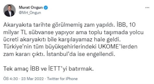 Murat Ongun'dan ulaşım zammı teklifinin reddedilmesine tepki: Amaç İBB'yi batırmak Murat Ongun'dan ulaşım zammı teklifinin reddedilmesine tepki: Amaç İBB'yi batırmak