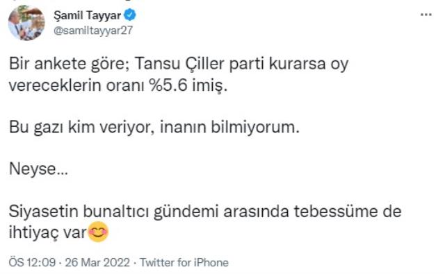 Şamil Tayyar, Tansu Çiller'i yüzde 5 gösteren seçim anketiyle dalga geçti