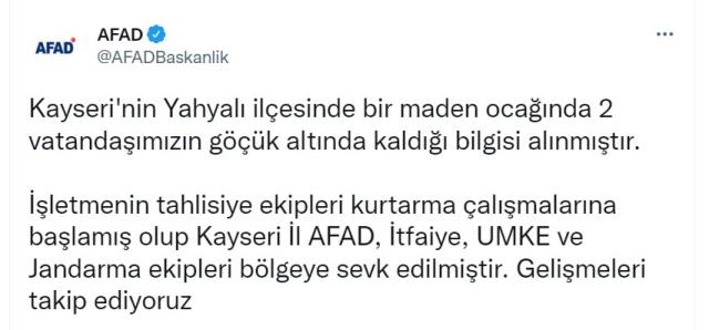 Son dakika: Kayseri'de maden ocağında 2 işçi göçük altında kaldı Son dakika: Kayseri'de maden ocağında 2 işçi göçük altında kaldı