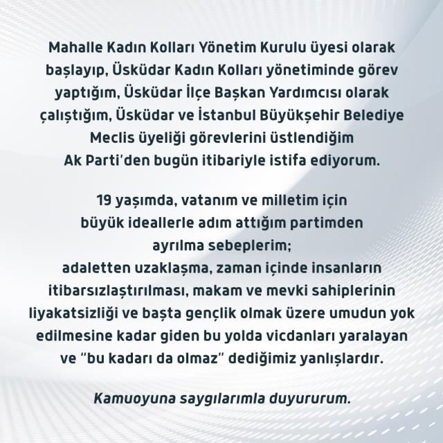 AK Parti İBB Meclis Üyesi Amine Kaba, nedenlerini tek tek sıralayıp partisinden istifa etti AK Parti İBB Meclis Üyesi Amine Kaba, nedenlerini tek tek sıralayıp partisinden istifa etti