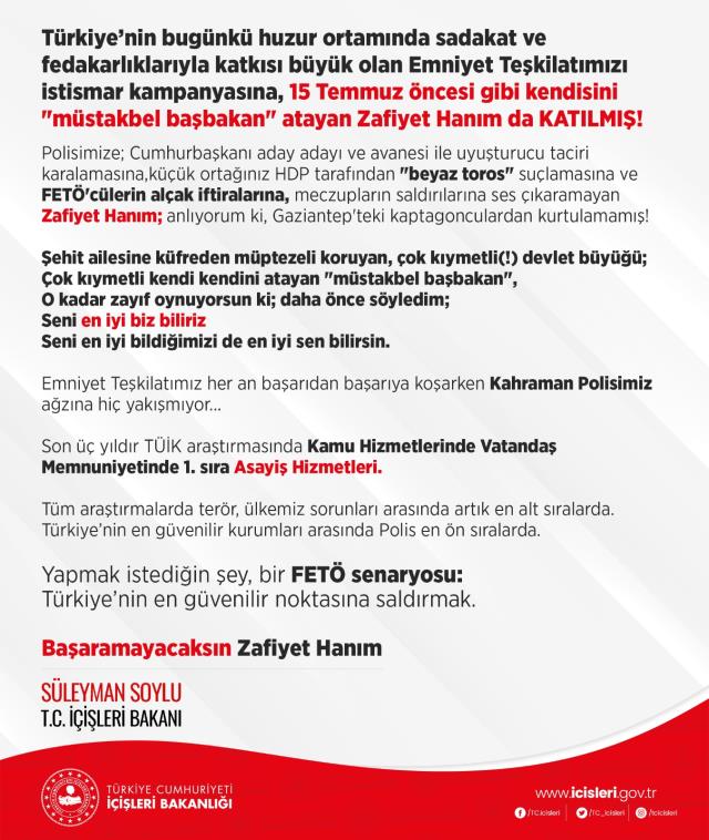Soylu'dan Akşener'in Emniyet Teşkilatı hakkındaki sözlerine sert tepki: Yapmak istediğin bir FETÖ senaryosudur Soylu'dan Akşener'in Emniyet Teşkilatı hakkındaki sözlerine sert tepki: Yapmak istediğin bir FETÖ senaryosudur