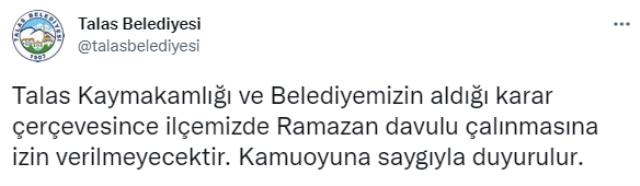 Kayseri'nin Talas ilçesinde Ramazan ayı boyunca davul çalınmayacak