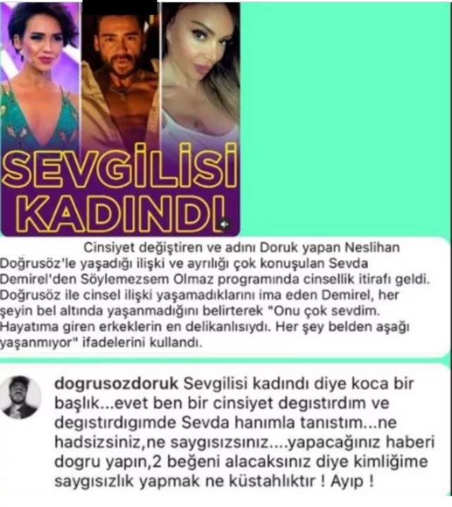 Cinsiyet değiştiren Neslihan Doğrusöz, Sevda Demirel'le ilişkisi hakkındaki başlığa ateş püskürdü