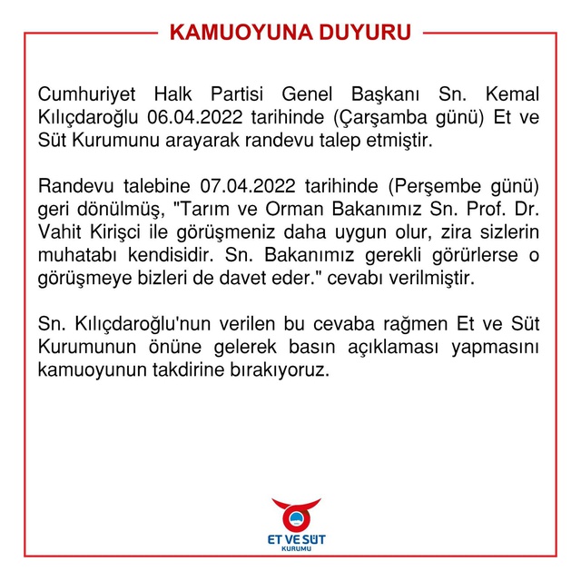 Et ve Süt Kurumu'ndan Kılıçdaroğlu'na yanıt