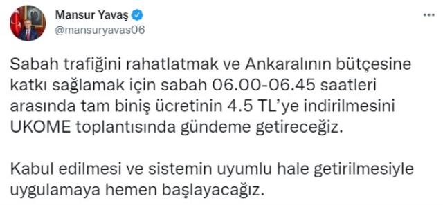 Mansur Yavaş'tan Ankara'da zamlanan ulaşım için yeni hamle: Sabah saatleri için indirim teklif edeceğiz Mansur Yavaş'tan Ankara'da zamlanan ulaşım için yeni hamle: Sabah saatleri için indirim teklif edeceğiz