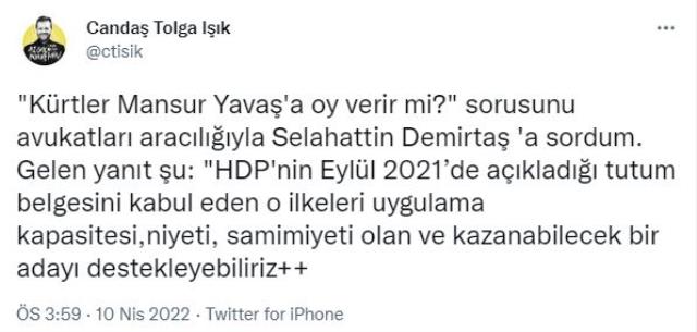 Selahattin Demirtaş'tan 'Kürtler Mansur Yavaş'a oy verir mi?' sorusuna yanıt Selahattin Demirtaş'tan 'Kürtler Mansur Yavaş'a oy verir mi?' sorusuna yanıt