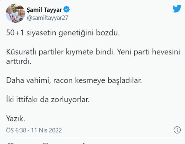 AK Partili Şamil Tayyar'dan sürpriz 50+1 çıkışı: Artık racon kesmeye başladılar