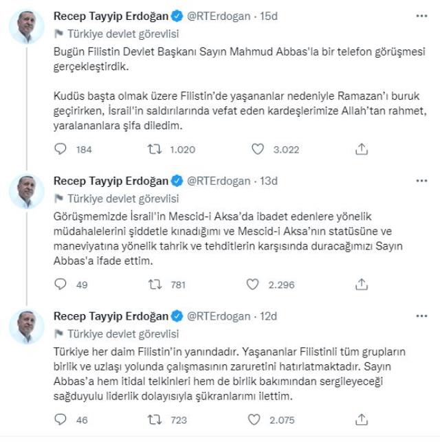 Cumhurbaşkanı Erdoğan, Filistin Devlet Başkanı Mahmud Abbas ile görüştü