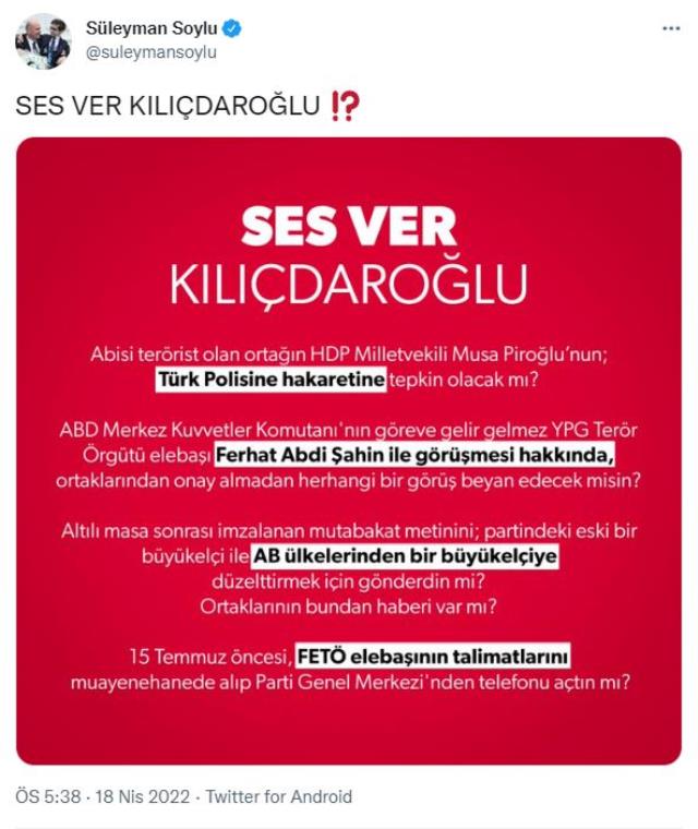 Bakan Soylu'dan Kılıçdaroğlu 5 soru: Ses ver Kılıçdaroğlu