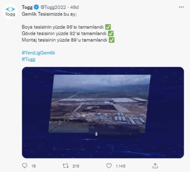 TOGG'dan heyecanlandıran paylaşım! Gemlik'teki tesisler tamamlanıyor
