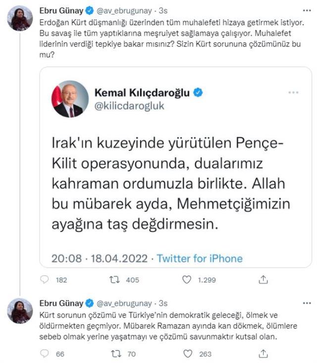 Kılıçdaroğlu'nun PKK'ya yönelik başlatılan Pençe Kilit Operasyonu'na destek paylaşımına HDP'den tepki