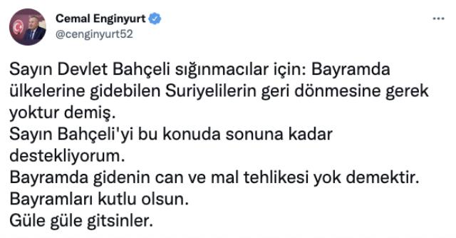 MHP'den ihraç edilen Cemal Enginyurt'tan sürpriz Bahçeli çıkışı: Suriyelilerle ilgili sözlerini destekliyorum MHP'den ihraç edilen Cemal Enginyurt'tan sürpriz Bahçeli çıkışı: Suriyelilerle ilgili sözlerini destekliyorum