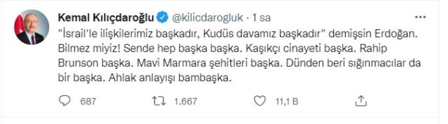Erdoğan'ın 'İsrail'le ilişkiler başka, Kudüs başka' sözlerine Kılçdaroğlu'ndan tepki: Bilmez miyiz sende hep başka başka! Erdoğan'ın 'İsrail'le ilişkiler başka, Kudüs başka' sözlerine Kılçdaroğlu'ndan tepki: Bilmez miyiz sende hep başka başka!