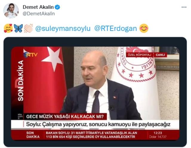 Demet Akalın'ın müzik yasağı çağrısına Süleyman Soylu'dan yanıt geldi: Çalışmalar yapıyoruz Demet Akalın'ın müzik yasağı çağrısına Süleyman Soylu'dan yanıt geldi: Çalışmalar yapıyoruz