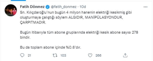 Son Dakika! Enerji Bakanı Dönmez: Kılıçdaroğlu'nun 4 milyon hanenin elektriği kesikmiş gibi oluşturduğu söylem algıdır