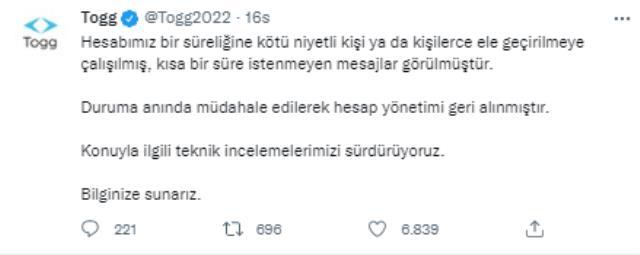 Togg'un Twitter hesabının çalındığı iddiası