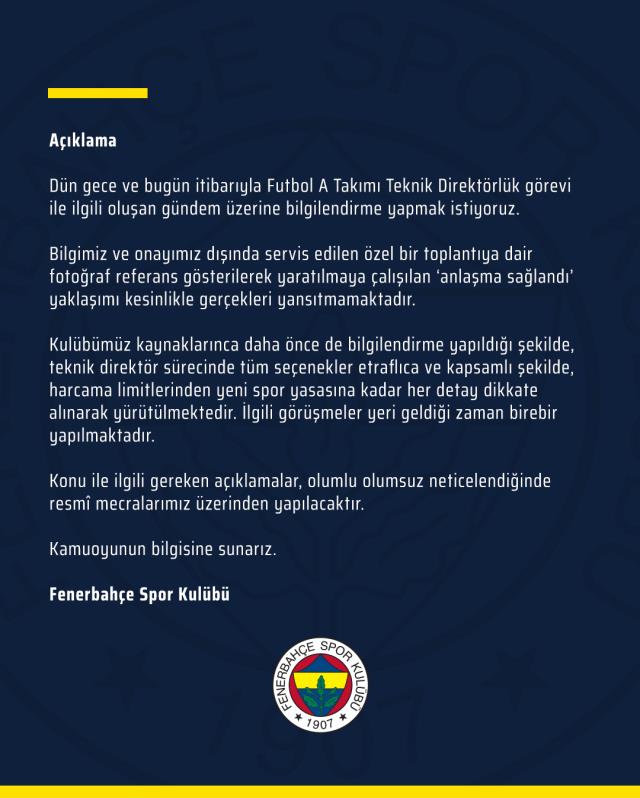 Taraftar heyecanlandı! Fenerbahçe'den resmi teknik direktör açıklaması Taraftar heyecanlandı! Fenerbahçe'den resmi teknik direktör açıklaması