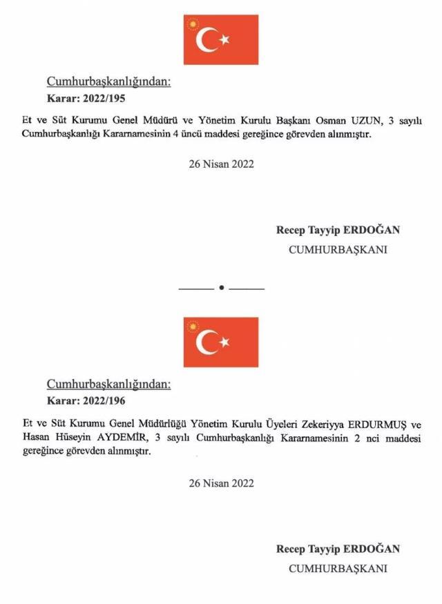 Et ve Süt Kurumu Genel Müdürü Uzun'un görevden alınmasına ilişkin karar Resmi Gazete'de yayımlandı