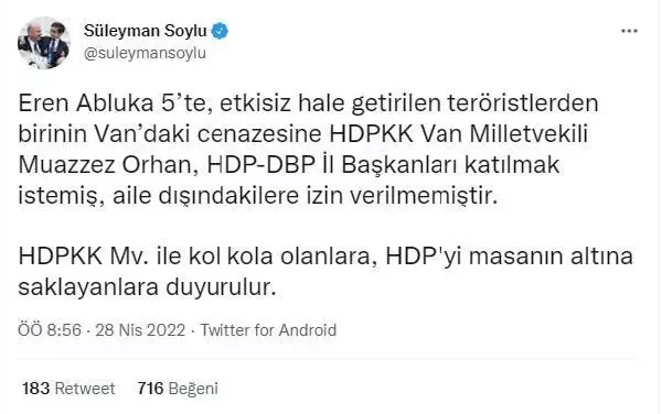 Bakan Soylu: Teröristin cenazesine katılmak isteyen HDP'li Orhan'a izin verilmedi