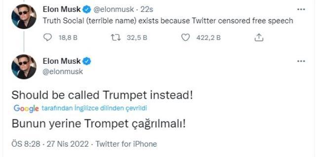 Elon Musk'tan Trump'ın sosyal medya plaformu Truth Social'a isim önerisi: Trumpet