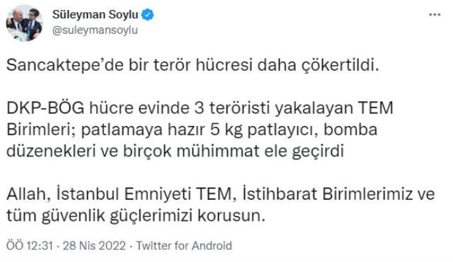 İçişleri Bakanı Süleyman Soylu, 3 teröristin 5 kg patlayıcıyla birlikte yakalandığını duyurdu