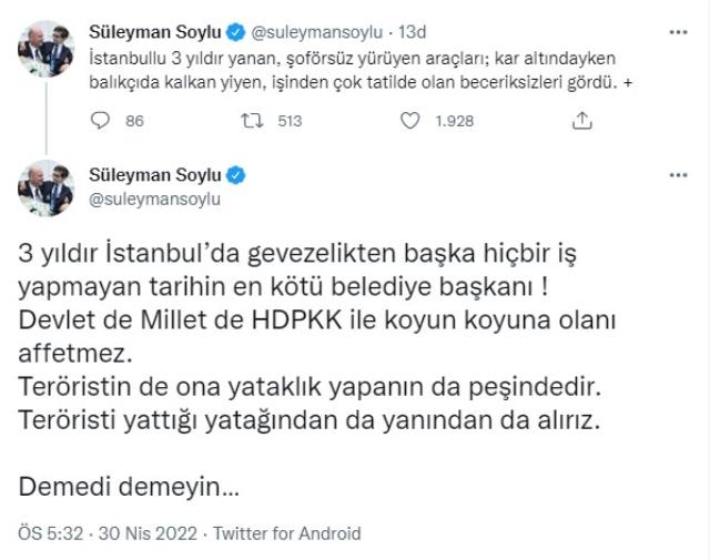 Bakan Soylu'dan İmamoğlu'na tutuklanan İBB çalışanıyla ilgili zehir zemberek sözler: Teröristin de ona yataklık yapanın da peşindeyiz Bakan Soylu'dan İmamoğlu'na tutuklanan İBB çalışanıyla ilgili zehir zemberek sözler: Teröristin de ona yataklık yapanın da peşindeyiz