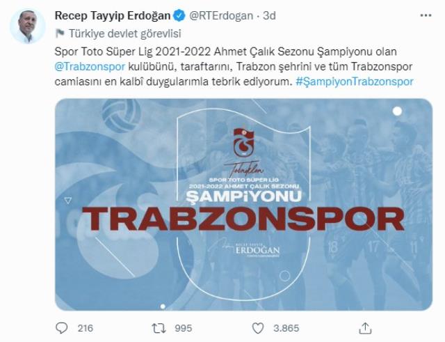 Cumhurbaşkanı Erdoğan, 38 yıl sonra şampiyonluğa ulaşan Trabzonspor'u tebrik etti Cumhurbaşkanı Erdoğan, 38 yıl sonra şampiyonluğa ulaşan Trabzonspor'u tebrik etti