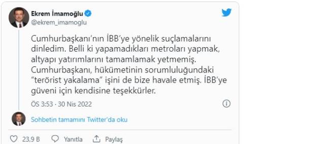 'İBB'den çalışan PKK'lı tartışması sürüyor! İmamoğlu'ndan Cumhurbaşkanı Erdoğan'a yanıt: İBB'ye güvendiği için teşekkürler 'İBB'den çalışan PKK'lı tartışması sürüyor! İmamoğlu'ndan Cumhurbaşkanı Erdoğan'a yanıt: İBB'ye güvendiği için teşekkürler