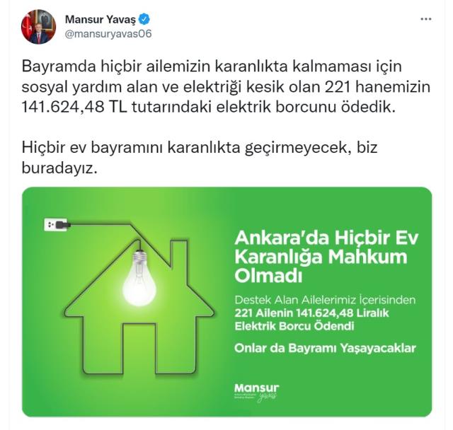 Mansur Yavaş duyurdu: Elektriği kesik olan 221 evin borcunu ödedik Mansur Yavaş duyurdu: Elektriği kesik olan 221 evin borcunu ödedik