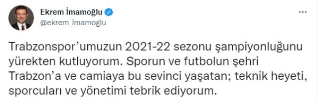 Trabzonspor'a spor, sanat, siyaset camiasından tebrik mesajları yağıyor Trabzonspor'a spor, sanat, siyaset camiasından tebrik mesajları yağıyor